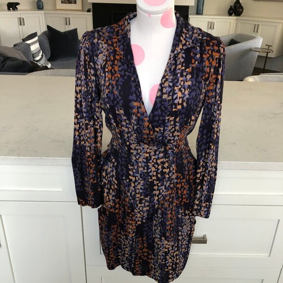 Reiss Esmerelda-Coco Moon Print Deep V Nk Mini Dress Navy Burnt Org Tan Sz 6 NWT - Picture 1 of 16